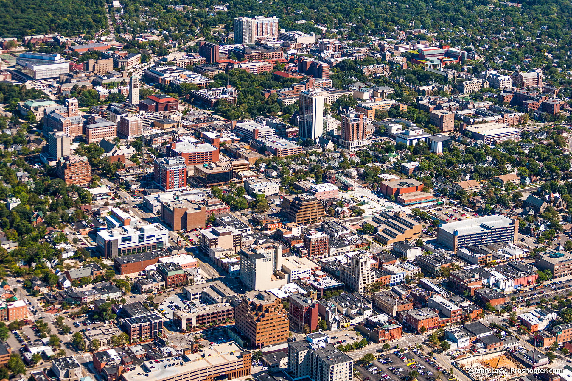 Aerial view of downtown Ann Arbor and University of Michigan main campus, by Proshooter